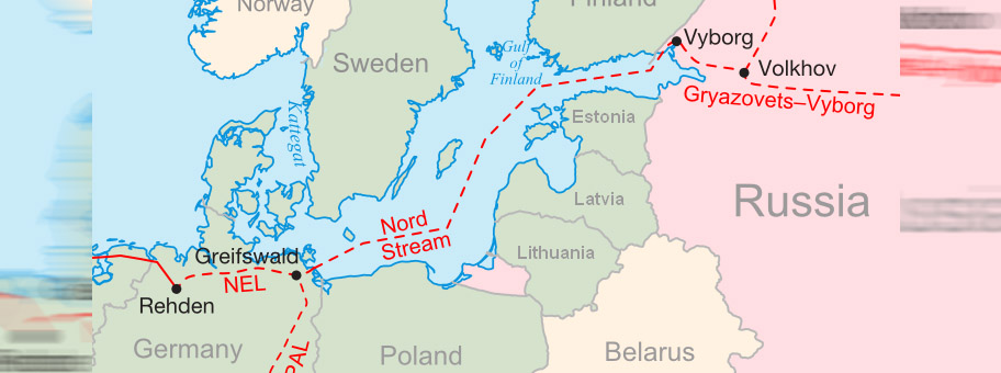Verlauf der Nord Stream I Pipeline durch Europa.