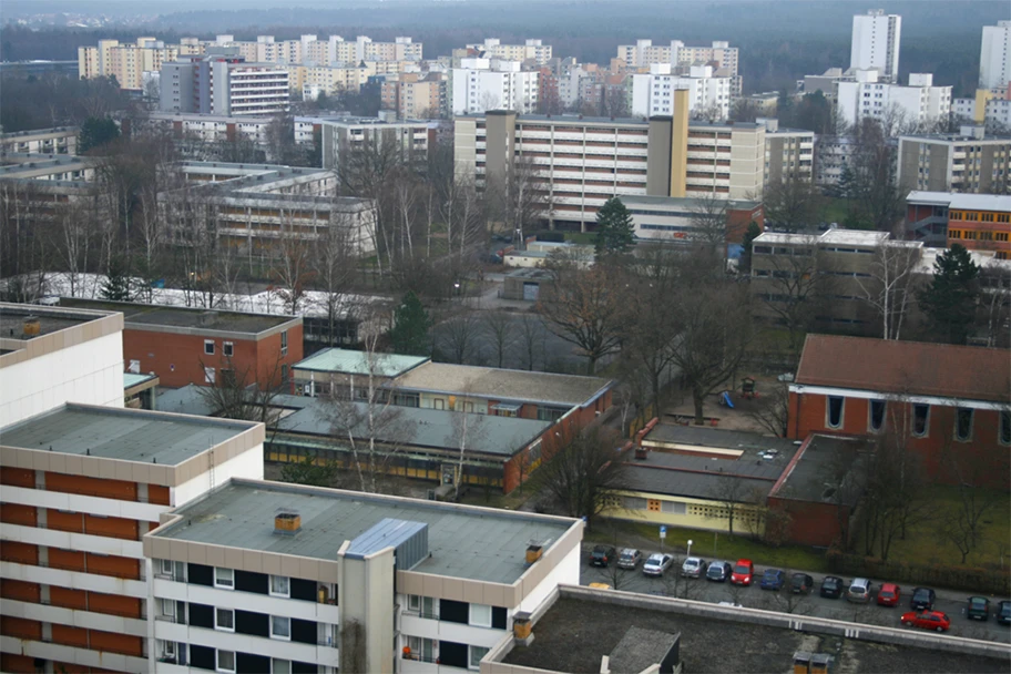 Teil der Plattenbausiedlungen in Langwasser Mitte (Nürnberg) aus den späten 60er Jahren des 20.Jhr.