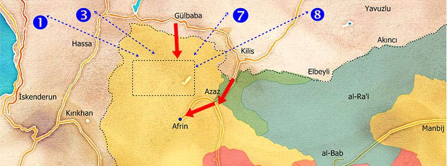Die «Operation Olivenzweig» zielt auf die kurdische YPG. Rot: Einfallsroute des türkischen Militärs (Bodentruppen und Artillerie). Blau: Angriffsroute der türkischen Luftwaffe (F-16 Kampfjets). 1. Luftwaffenstützpunkt, Eskişehir, 3. Luftwaffenstützpunkt, Konya, 7. Luftwaffenstützpunkt, Malatya, 8. Luftwaffenstützpunkt, Diyarbakır.