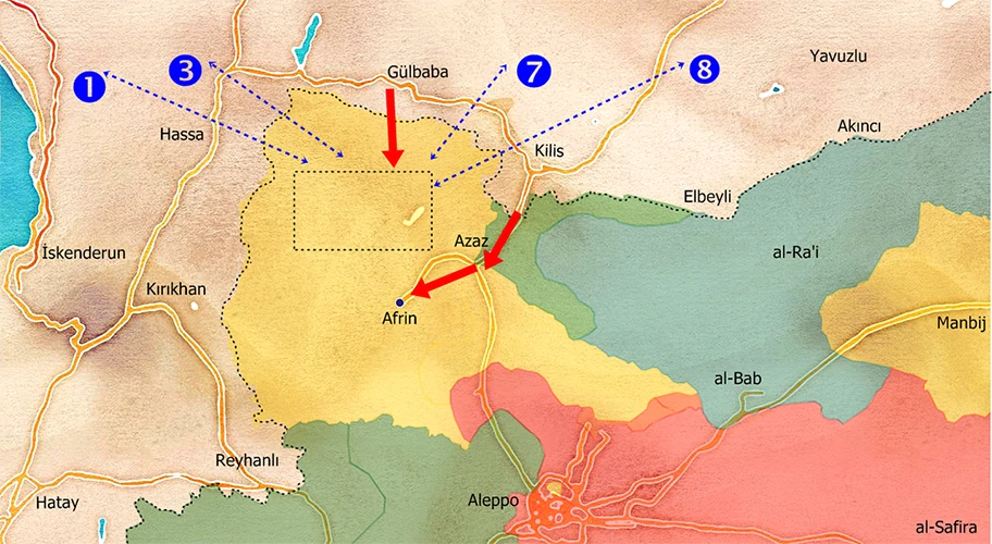 Die «Operation Olivenzweig» zielt auf die kurdische YPG. Rot: Einfallsroute des türkischen Militärs (Bodentruppen und Artillerie). Blau: Angriffsroute der türkischen Luftwaffe (F-16 Kampfjets). 1. Luftwaffenstützpunkt, Eskişehir, 3. Luftwaffenstützpunkt, Konya, 7. Luftwaffenstützpunkt, Malatya, 8. Luftwaffenstützpunkt, Diyarbakır.