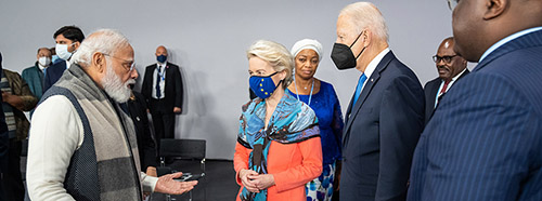 Treffen zwischen Joe Biden, Ursula von der Leyen und dem indischen Staatspräsidenten Narendra Modi in Glasgow, November 2021.