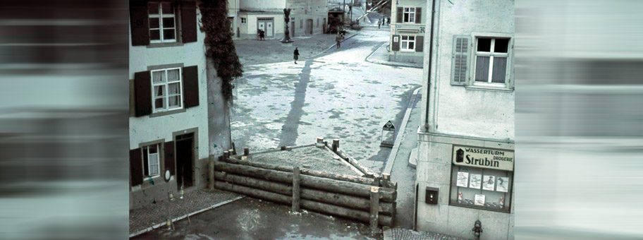 Sperre gegen leichte Panzerfahrzeuge in Liestal, Januar 1944.
