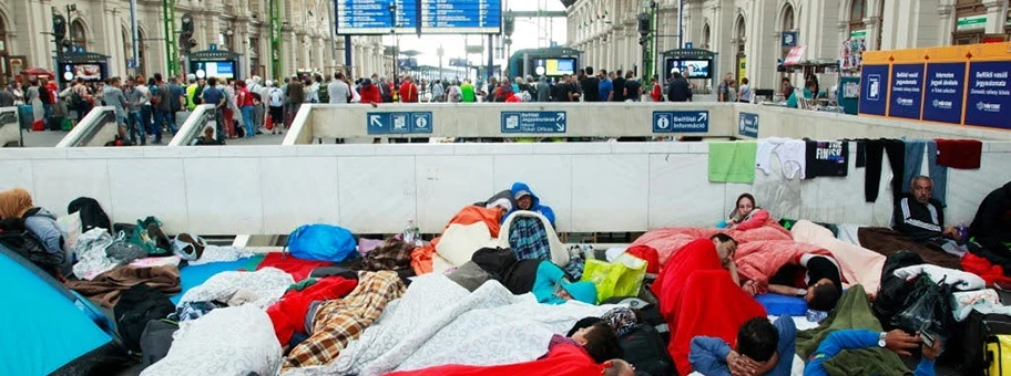 Flüchtlinge am Bahnhof Keleti pályaudvar in Budapest, 4. September 2015.