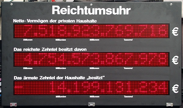 Die «Reichtumsuhr» zeigt eine zum jeweiligen Zeitpunkt variable Verteilung der Besitzverhältnisse in Deutschland, unterschieden in Gesamtvermögen und dasjenige der jeweils reichsten und ärmsten 10 % der Bevölkerung; gesehen 2012 in der Georgstrasse in Hannover während des bundesweiten Aktionstages "UMfairTEILEN - Reichtum besteuern'.