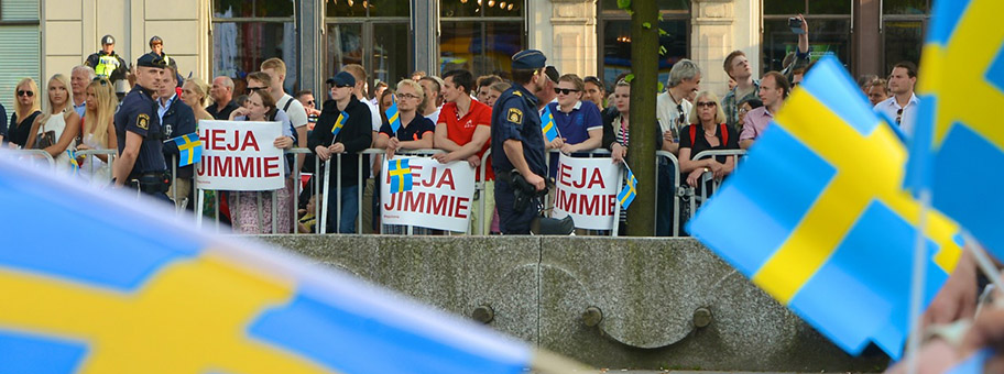 Sympathisanten der Schwedendemokraten an einer Kundgebung in Stockholm, Mai 2014.