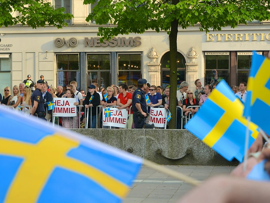 Sympathisanten der Schwedendemokraten an einer Kundgebung in Stockholm, Mai 2014.