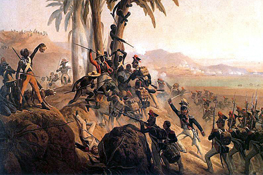 Französische Truppen von Napoleon kämpfen gegen aufständische Sklaven während der Haitianischen Revolution, 1802.
