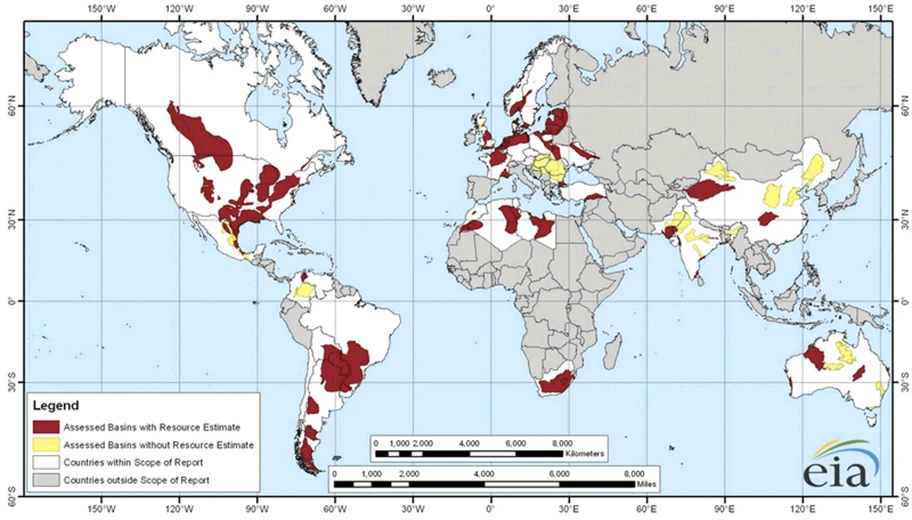 Die Weltkarte der Schiefergas-Vorkommen gemäss der U.S. Energy Information Administration.