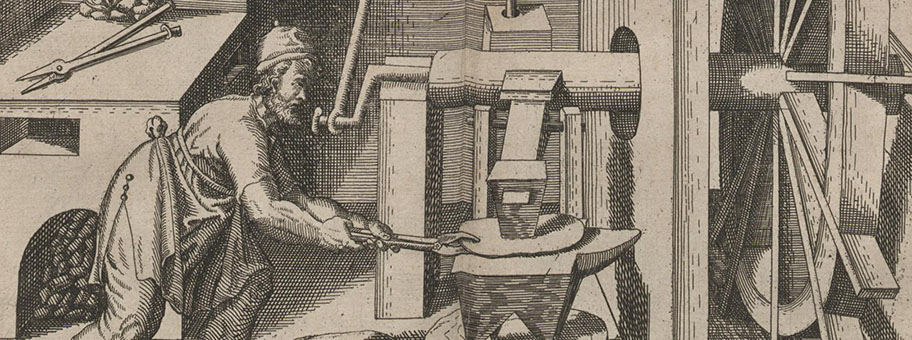 Werkstatt eines Schmiedes aus einem Buch von Jacobus Strada von 1617.