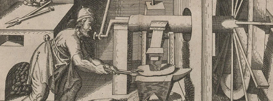 Werkstatt eines Schmiedes aus einem Buch von Jacobus Strada von 1617. Der Schmiedehammer und der Blasebalg werden vom Wasserrad angetrieben.