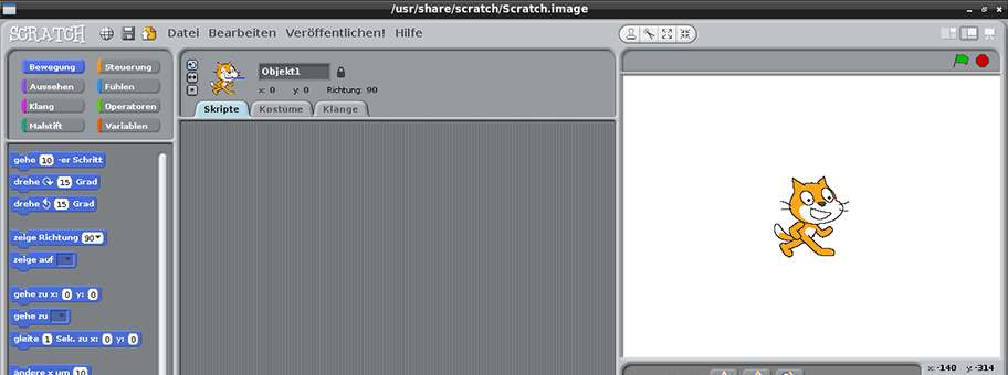 Hauptfenster von Scratch 1.4 unter Linux mit LXDE.