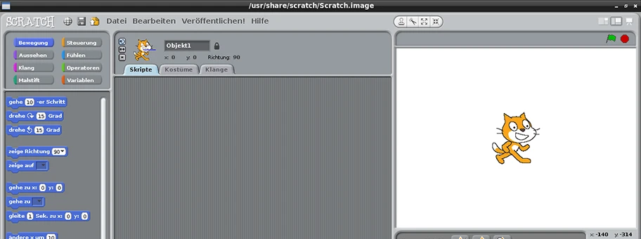 Hauptfenster von Scratch 1.4 unter Linux mit LXDE.