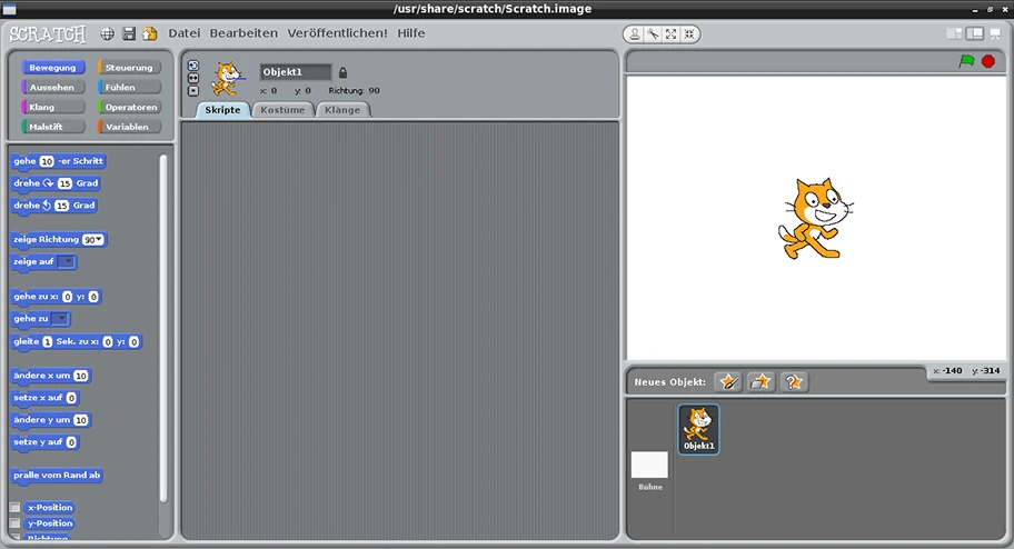 Hauptfenster von Scratch 1.4 unter Linux mit LXDE.