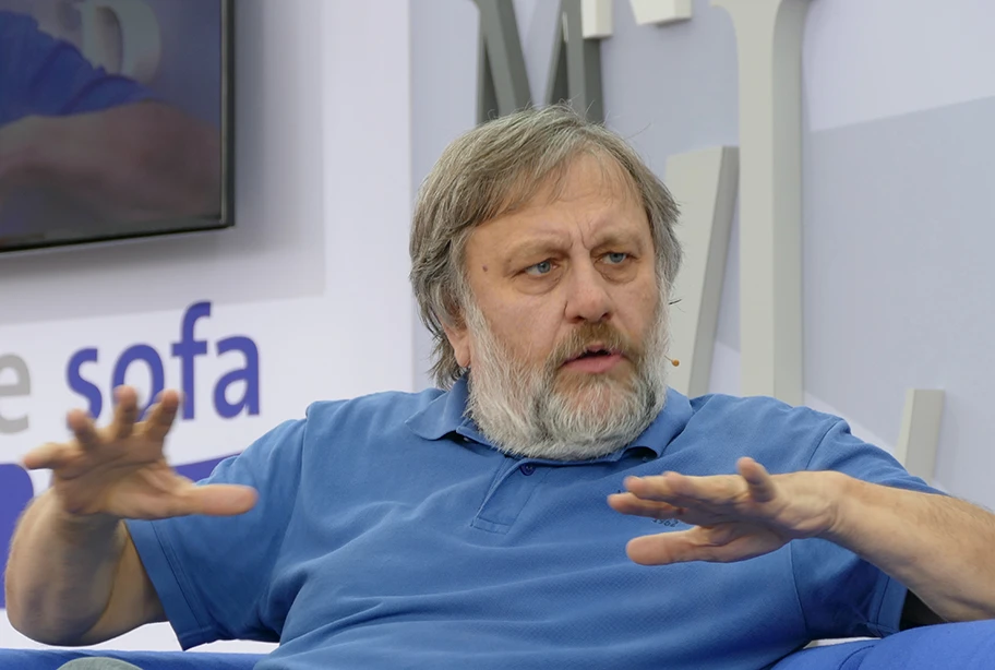 Der Philosoph Slavoj Žižek bei der Vorstellung seines Buches «Blasphemische Gedanken» auf dem «Blauen Sofa» anlässlich der Leipziger Buchmesse 2015.