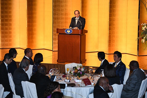 Der ägyptische General, Diktator und Präsident Al Sisi bei einer Rede in Japan, August 2019.