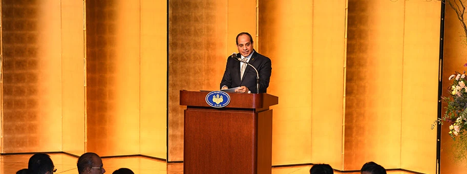 Der ägyptische General, Diktator und Präsident Al Sisi bei einer Rede in Japan, August 2019.