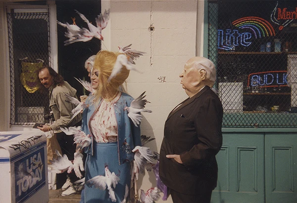 Tippy, Alfred, and feathered friends in the French Quarter, Mardi Gras 1989.