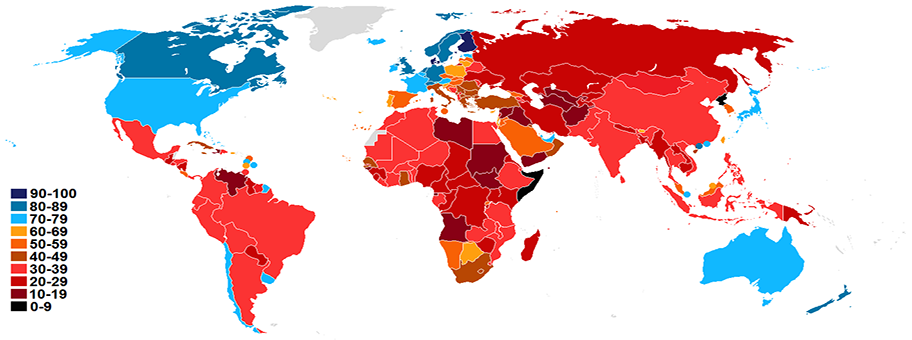 Der Korruptionswahrnehmungsindex von Transparency International für 2015. Nicht immer gibt der Wahrnehmungsindex der NGO ein korrektes Bild über die Korruptionssituation vor Ort ab.
