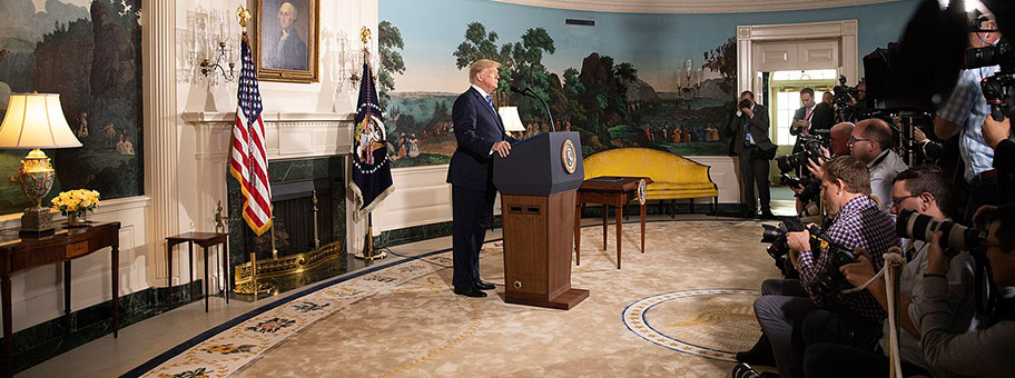 US-Präsident Donald J. Trump bei der Verkündung des Rückzugs aus dem Iran-Abkommen am 8. Mai 2018 im weissen Haus.
