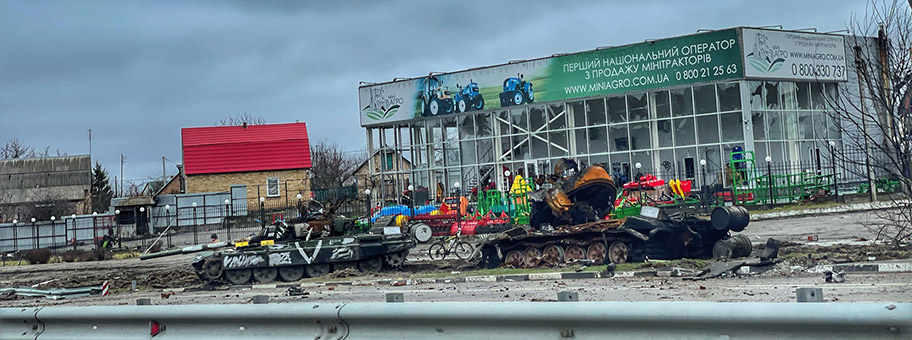 Zerstörtes Gebäude in der Ukraine, April 2022.