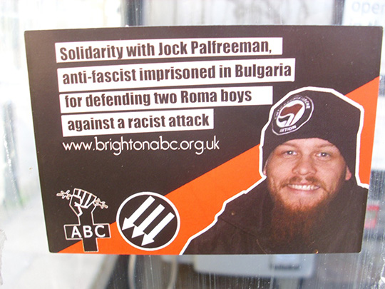 Propagandakleber von ABC Brighton der zur Solidarität mit Jock Palfreeman aufruft.
