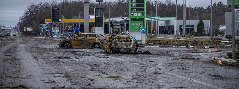 Zerstörte Tankstelle in Bucha bei Kiev, April 2022.