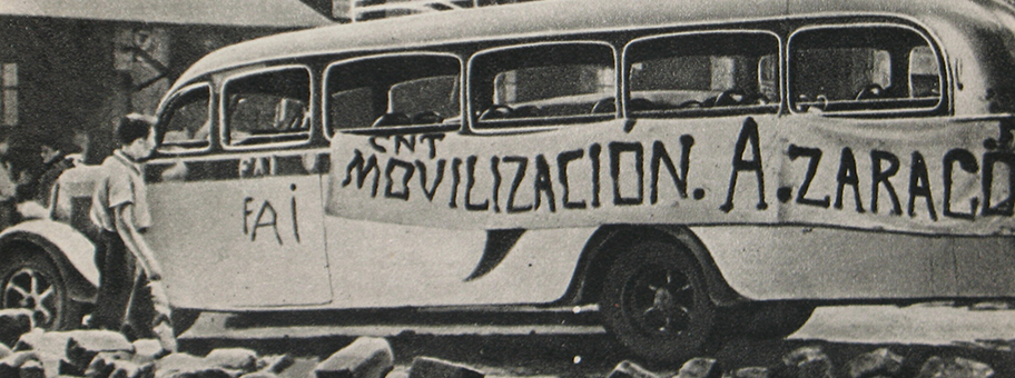 Gewerkschaftsbus der anarchosyndikalistischen CNTFAI in Barcelona im August 1936.