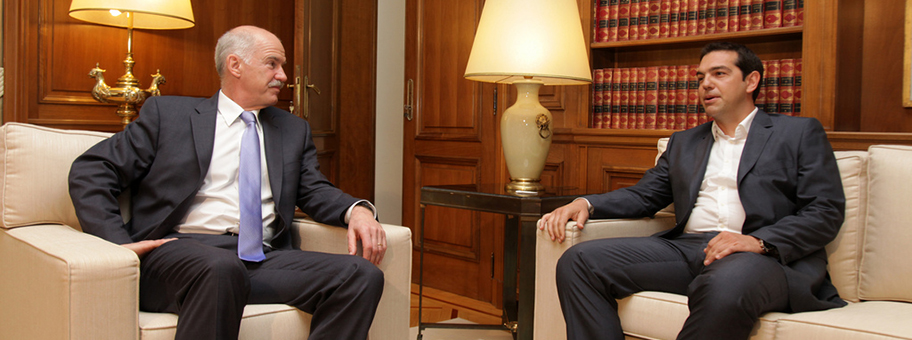 Der ehemalige Premierminister Griechenlands, George Papandreou mit dem neuen griechischen Ministerpräsidenten Alexis Tsipras.